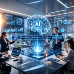 AI agents powering intelligent automation workflow with holographic AI brain dashboard in modern corporate office