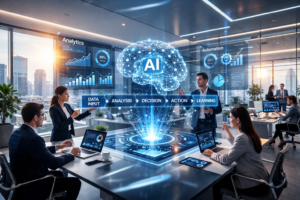 AI agents powering intelligent automation workflow with holographic AI brain dashboard in modern corporate office