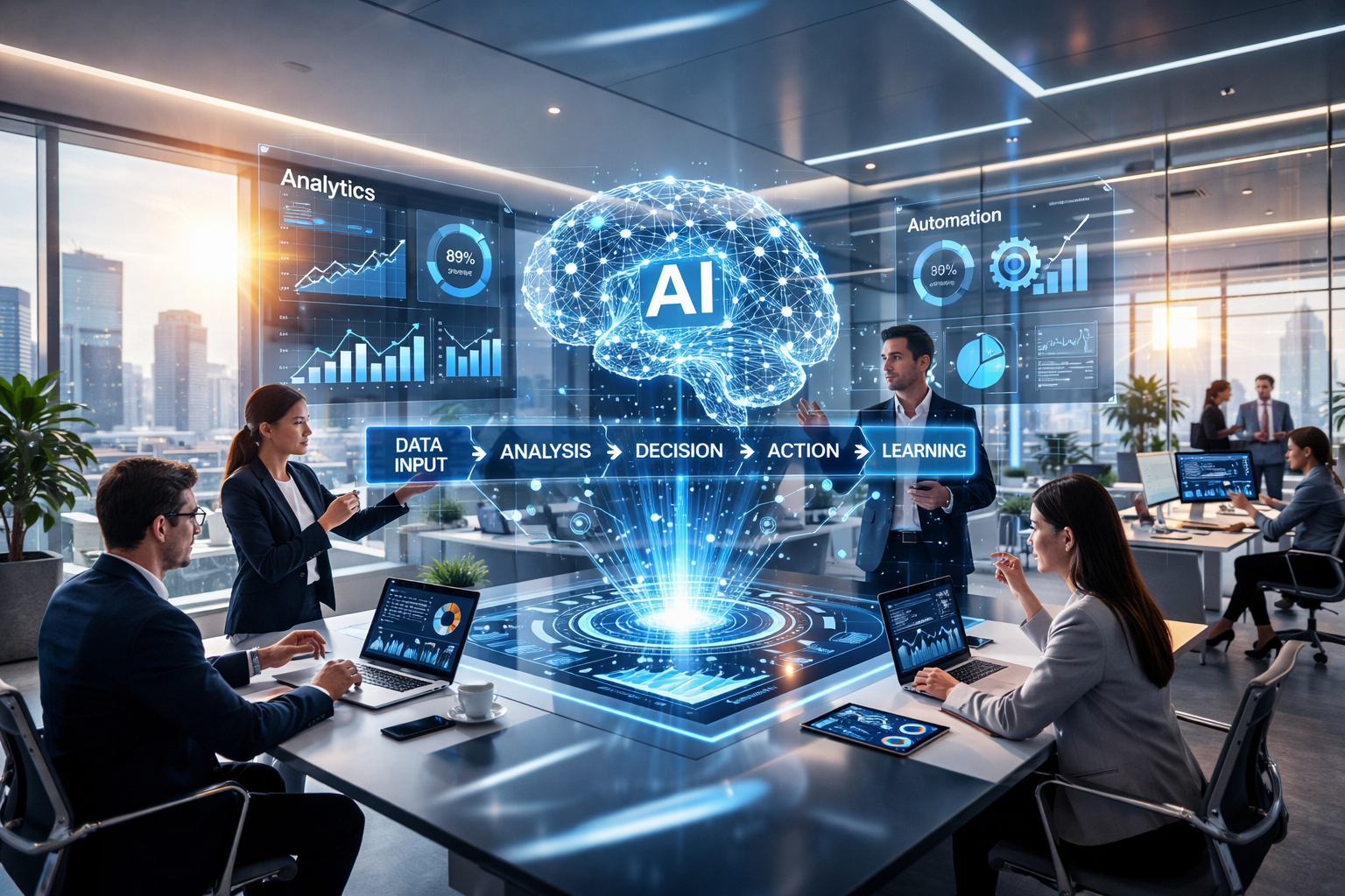 AI agents powering intelligent automation workflow with holographic AI brain dashboard in modern corporate office