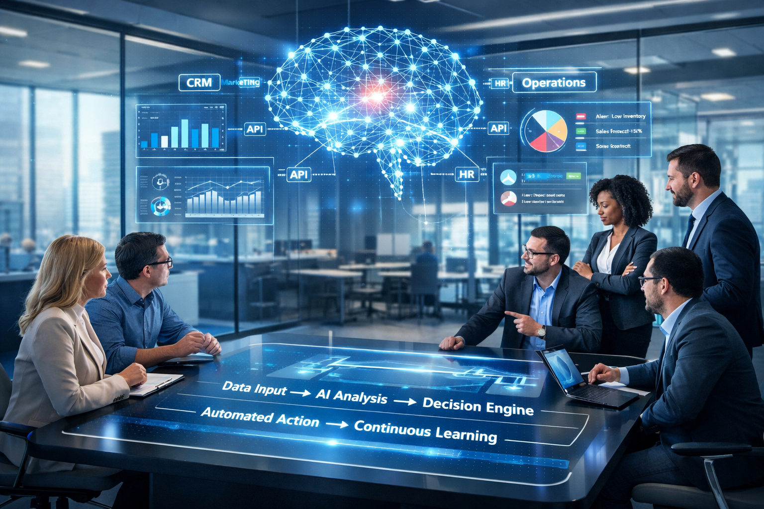 AI integrations in business automation displayed in a modern corporate office with holographic AI brain, workflow dashboard, and analytics systems