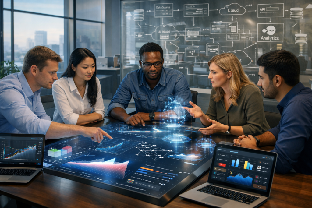 Diverse team of data analysts and machine learning engineers collaborating in a modern office using interactive dashboards and predictive AI analytics tools.