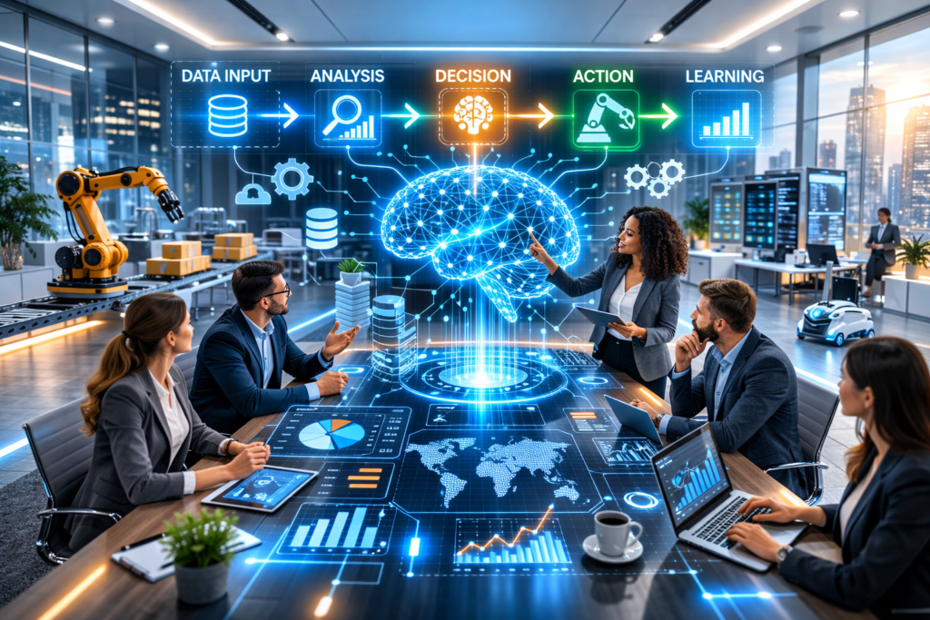 Autonomous systems and AI automation visualized in a futuristic corporate office with holographic AI brain, workflow pipeline, analytics dashboards, and robotic automation.