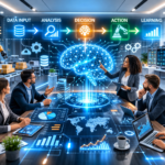 Autonomous systems and AI automation visualized in a futuristic corporate office with holographic AI brain, workflow pipeline, analytics dashboards, and robotic automation.