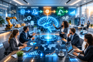 Autonomous systems and AI automation visualized in a futuristic corporate office with holographic AI brain, workflow pipeline, analytics dashboards, and robotic automation.