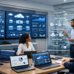 Data engineers collaborating in a modern operations center with distributed data architecture dashboards, cloud storage maps, and real-time analytics screens.