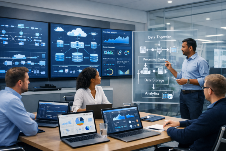 Data engineers collaborating in a modern operations center with distributed data architecture dashboards, cloud storage maps, and real-time analytics screens.