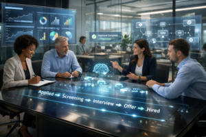 Business Process Automation (BPA) workflow dashboard with AI-powered analytics and automated hiring pipeline in a modern corporate office