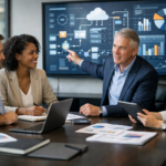 Professionals using business software systems for operations and data management