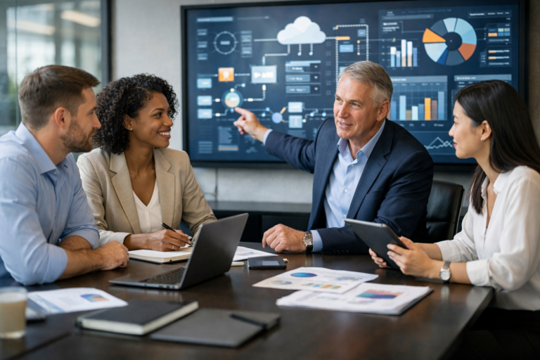 Professionals using business software systems for operations and data management