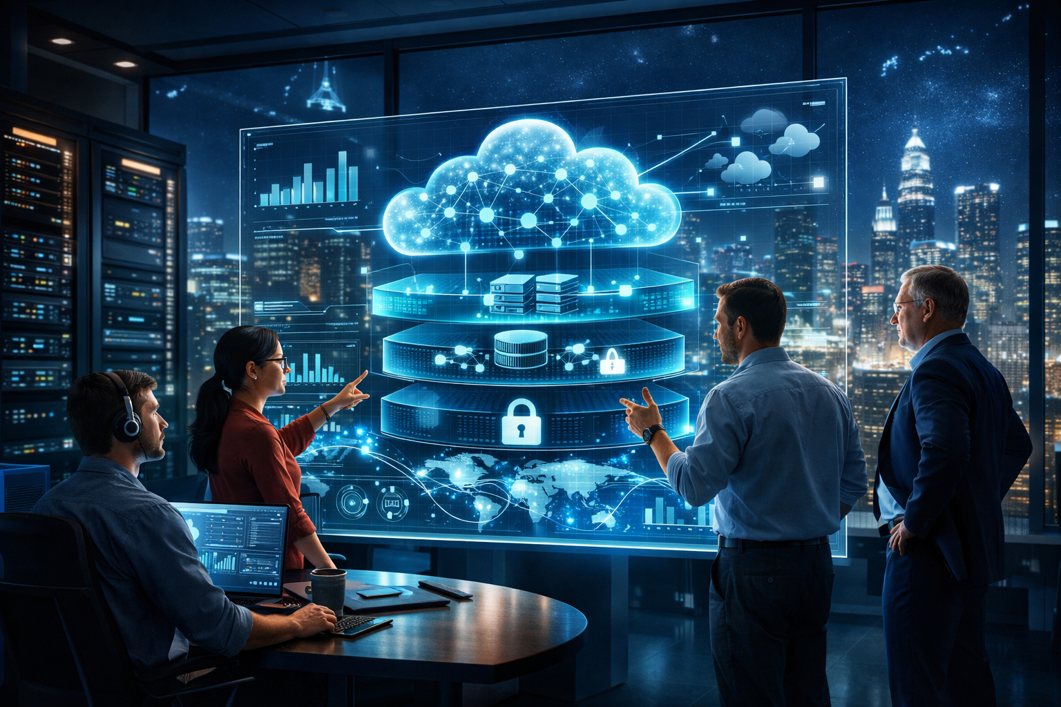 Cloud platforms powering modern infrastructure with layered cloud architecture, secure data streams, analytics dashboards, and enterprise IT team collaboration in a high-tech operations center.