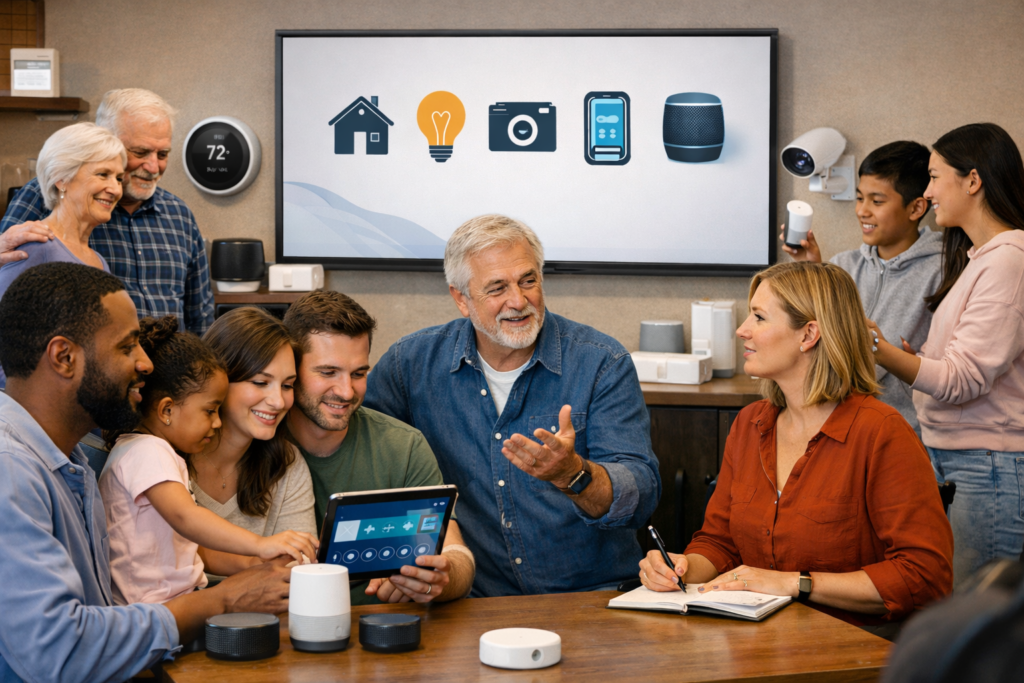 Smart home environment showing connected devices, wearable technology, and cloud-based IoT integration in a modern living space