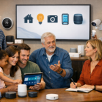 Smart home environment showing connected devices, wearable technology, and cloud-based IoT integration in a modern living space