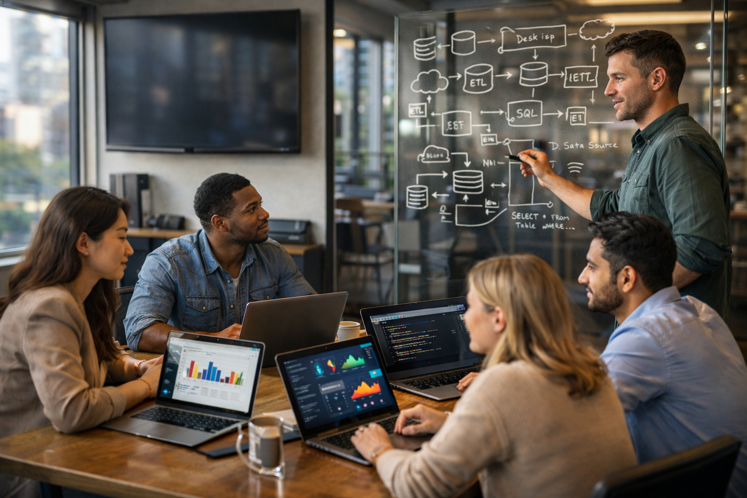 Data engineering workflow showing data pipelines, ETL processing, cloud storage, and analytics dashboard visualization