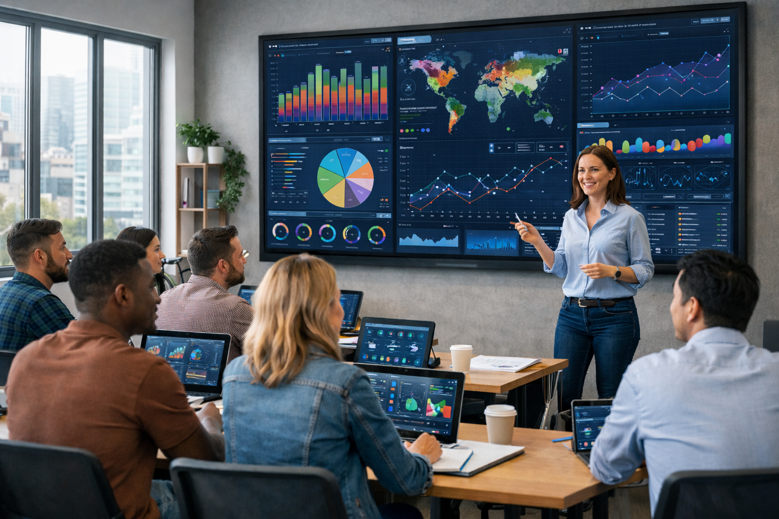 Data analyst reviewing interactive data visualization dashboard with charts and graphs on multiple screens