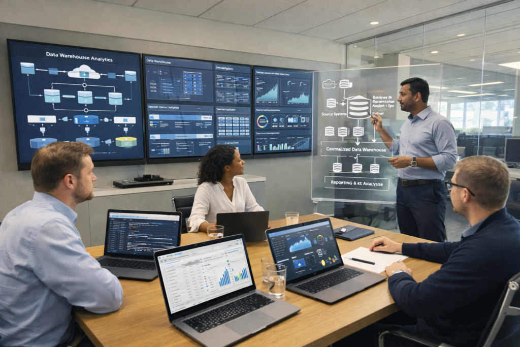 Team of data engineers collaborating in a modern office with data warehouse architecture diagrams, ETL workflows, SQL dashboards, and business intelligence metrics on large digital screens.