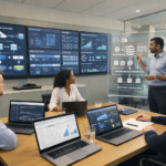 Team of data engineers collaborating in a modern office with data warehouse architecture diagrams, ETL workflows, SQL dashboards, and business intelligence metrics on large digital screens.