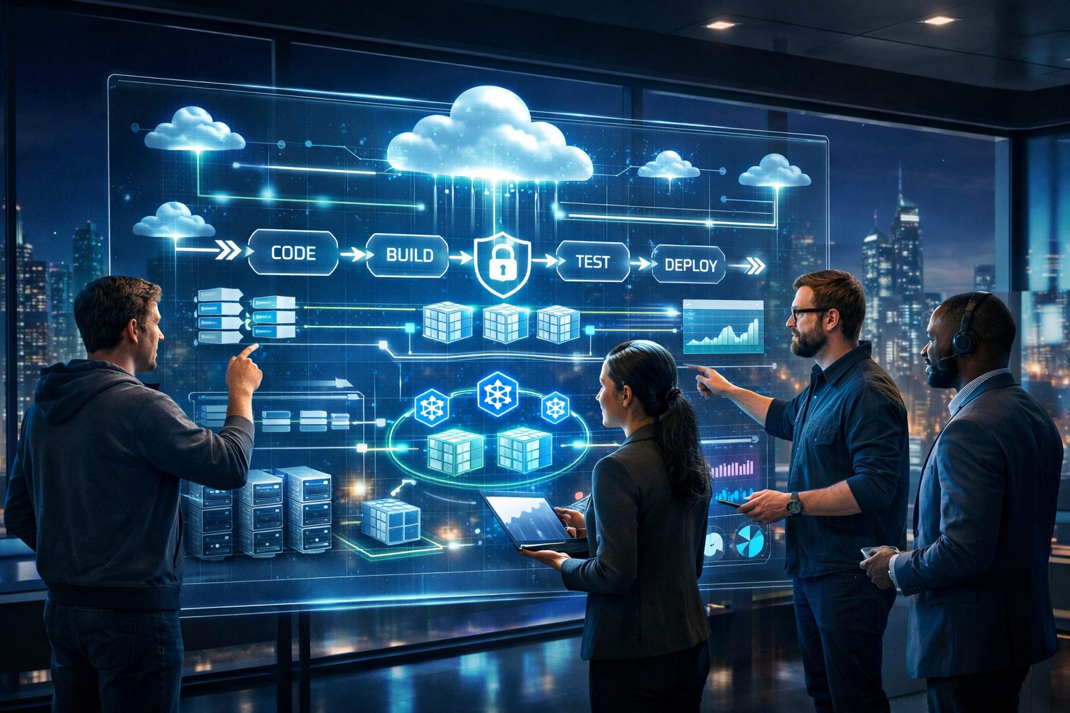 DevOps engineers collaborating in a high-tech cloud operations center with holographic CI/CD pipeline, Kubernetes clusters, Infrastructure as Code blocks, and real-time monitoring dashboards.