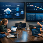 Data engineers collaborating in a modern office workspace with dashboards showing ETL process, data pipelines, Extract Transform Load diagrams, JSON and SQL code.