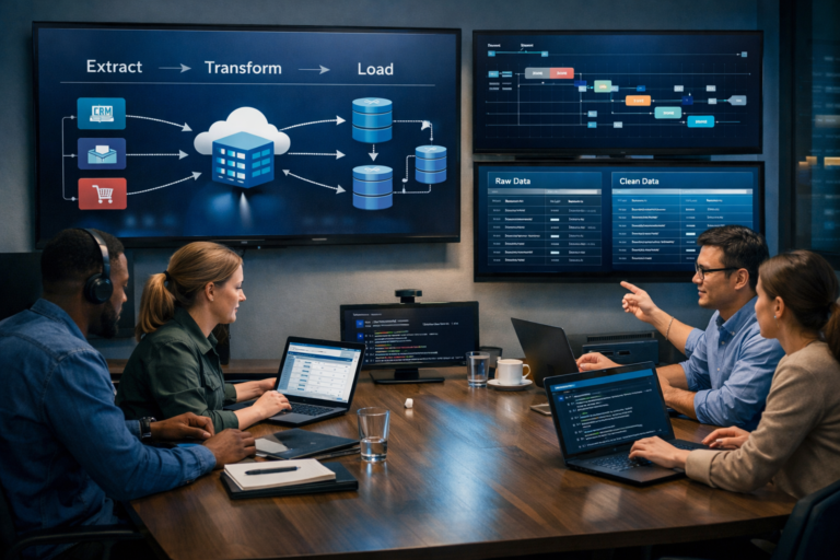 Data engineers collaborating in a modern office workspace with dashboards showing ETL process, data pipelines, Extract Transform Load diagrams, JSON and SQL code.