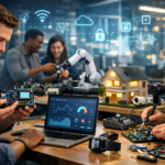 Embedded systems powering IoT connected technology with smart devices, sensors, and network communication in a modern environment