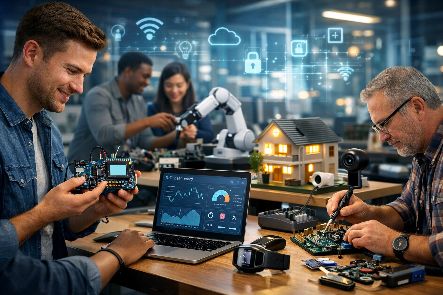 Embedded systems powering IoT connected technology with smart devices, sensors, and network communication in a modern environment