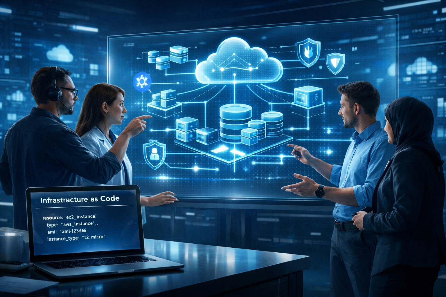 Infrastructure as Code illustrated in a cloud operations center with engineers managing automated cloud infrastructure, containers, Kubernetes clusters, and security systems.