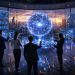 Intelligent systems AI innovation hub with holographic neural network core, predictive analytics dashboards, and engineers interacting in a smart city lab.