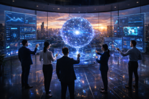 Intelligent systems AI innovation hub with holographic neural network core, predictive analytics dashboards, and engineers interacting in a smart city lab.