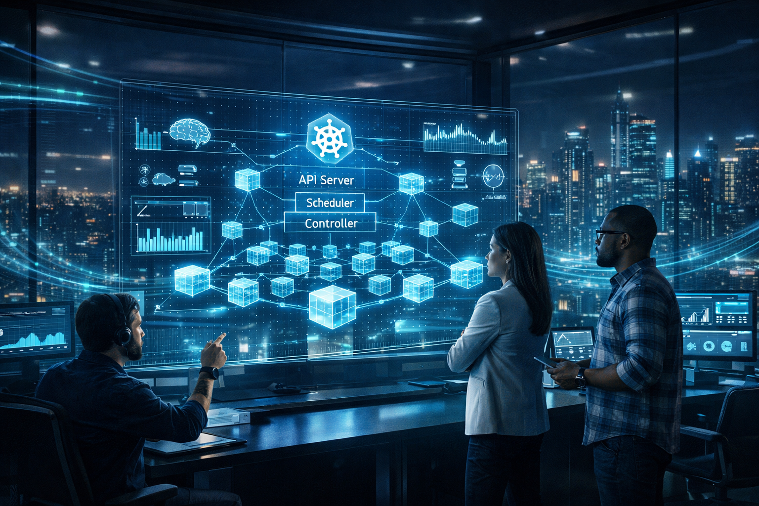 Kubernetes cluster architecture displayed in a modern cloud operations center with holographic dashboard, container nodes, control plane components, and real-time analytics.