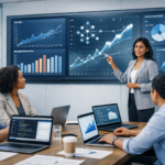 Diverse team of data analysts presenting predictive analytics dashboards with forecasting graphs, machine learning models, and time-series data in a modern office.