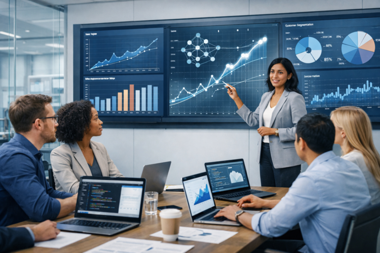 Diverse team of data analysts presenting predictive analytics dashboards with forecasting graphs, machine learning models, and time-series data in a modern office.