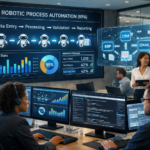 Robotic Process Automation (RPA) dashboard in a modern corporate office showing automated workflow from data entry to reporting with analytics and CRM ERP integration.