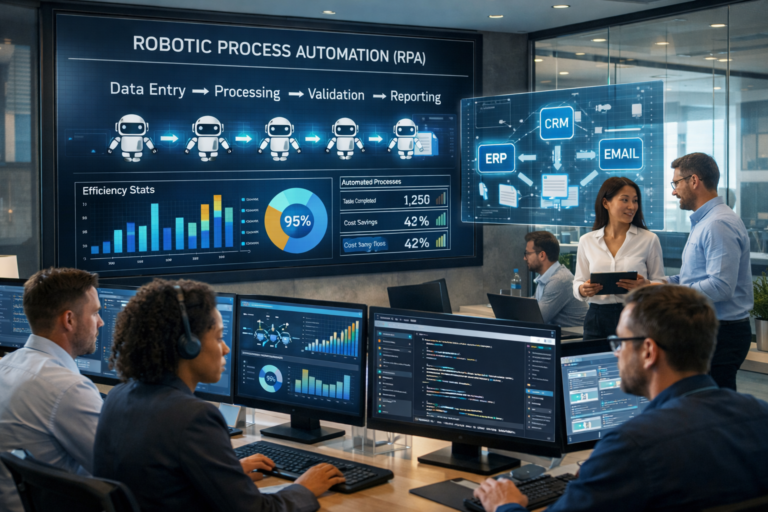 Robotic Process Automation (RPA) dashboard in a modern corporate office showing automated workflow from data entry to reporting with analytics and CRM ERP integration.