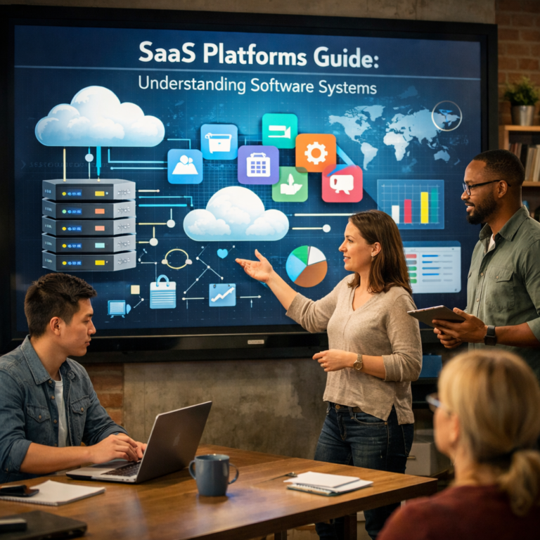 Professionals using SaaS platforms within cloud-based software systems