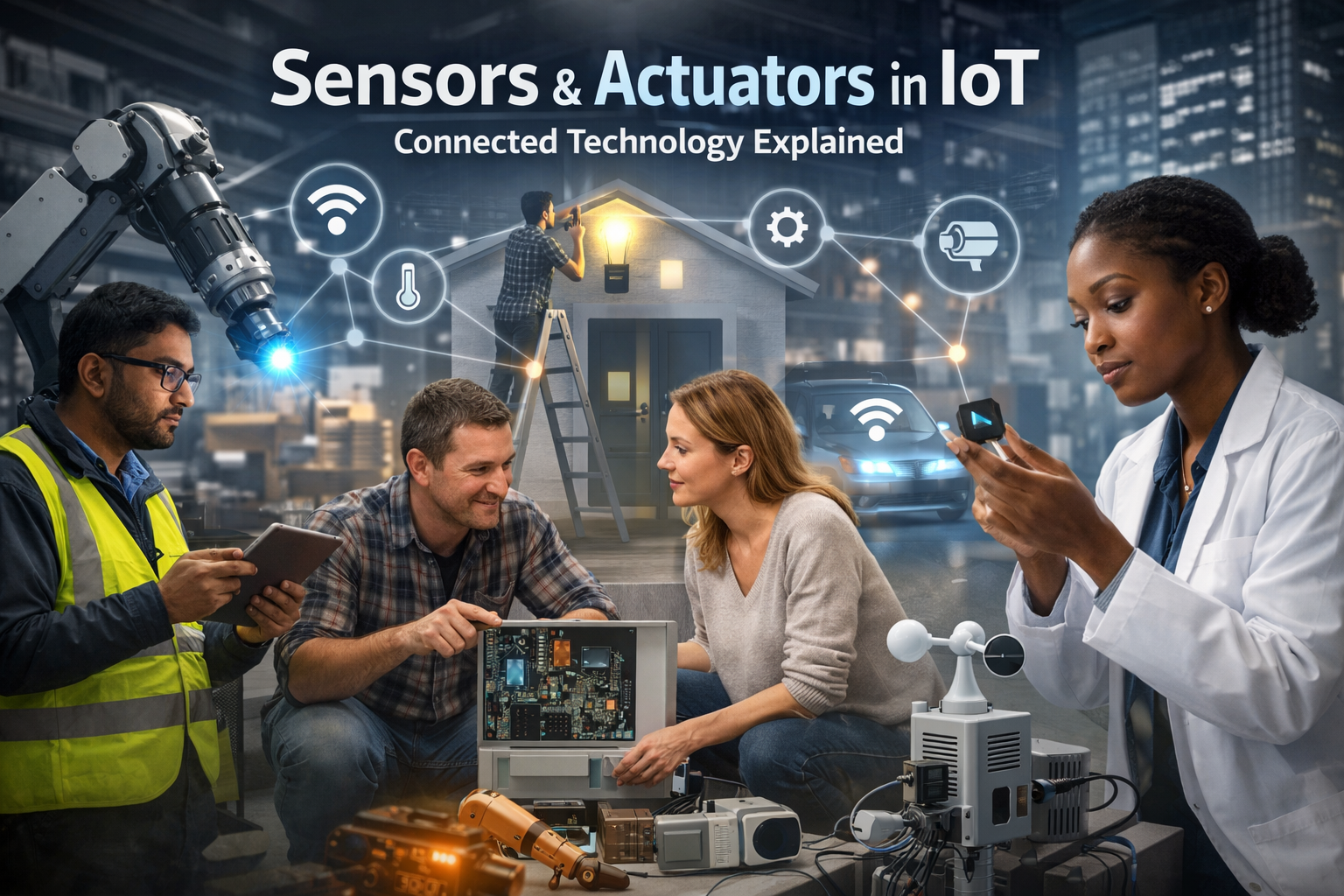 Sensors and actuators working together in an IoT system to collect data and trigger automated actions