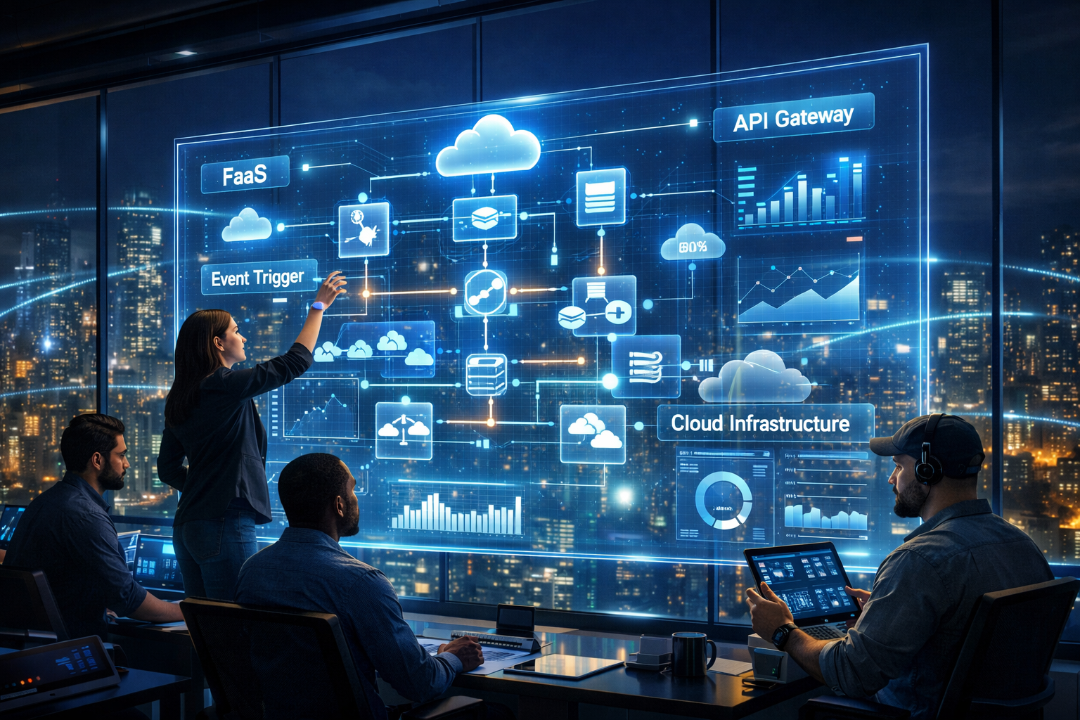 Serverless architecture in a modern cloud infrastructure operations center with holographic dashboards showing event-driven functions, API gateway, microservices, and auto-scaling cloud systems.
