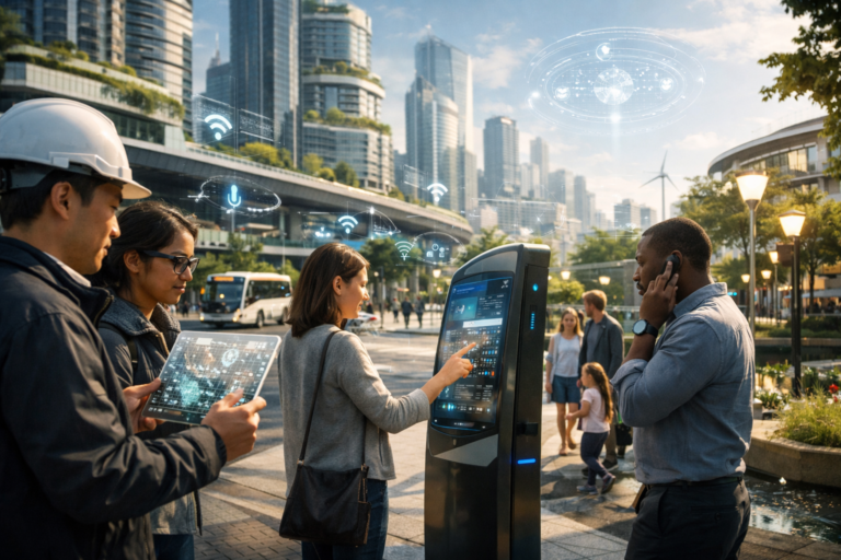 Smart city infrastructure using IoT sensors and connected technology to manage traffic, energy, and public services