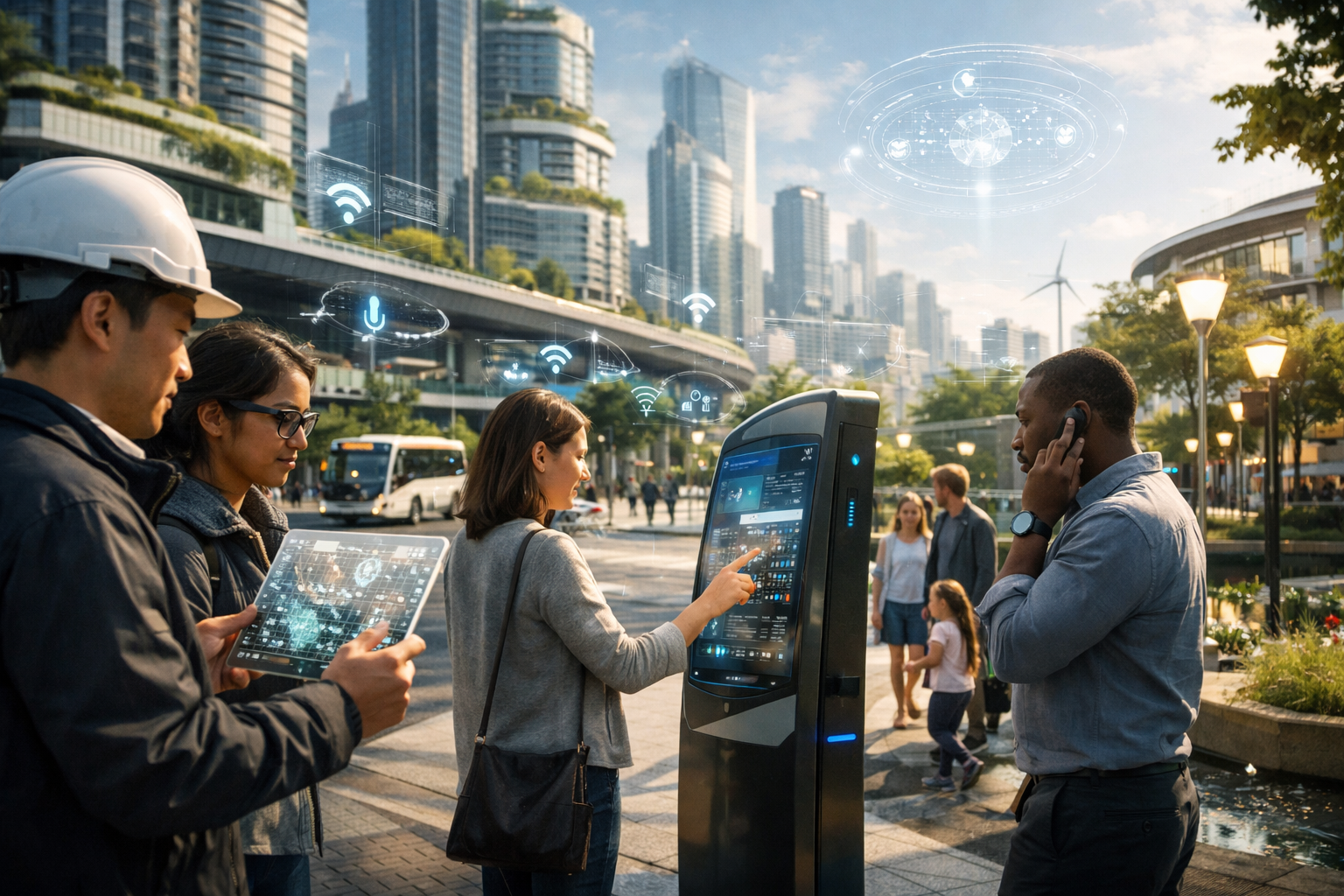 Smart city infrastructure using IoT sensors and connected technology to manage traffic, energy, and public services