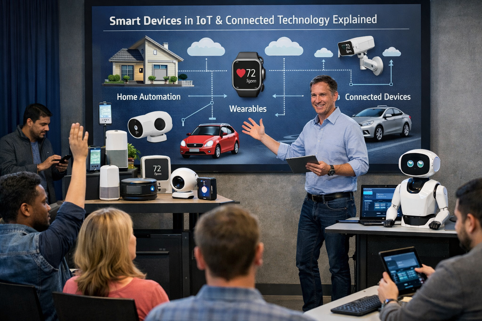 Smart devices connected through IoT technology using sensors, cloud platforms, and wireless networks