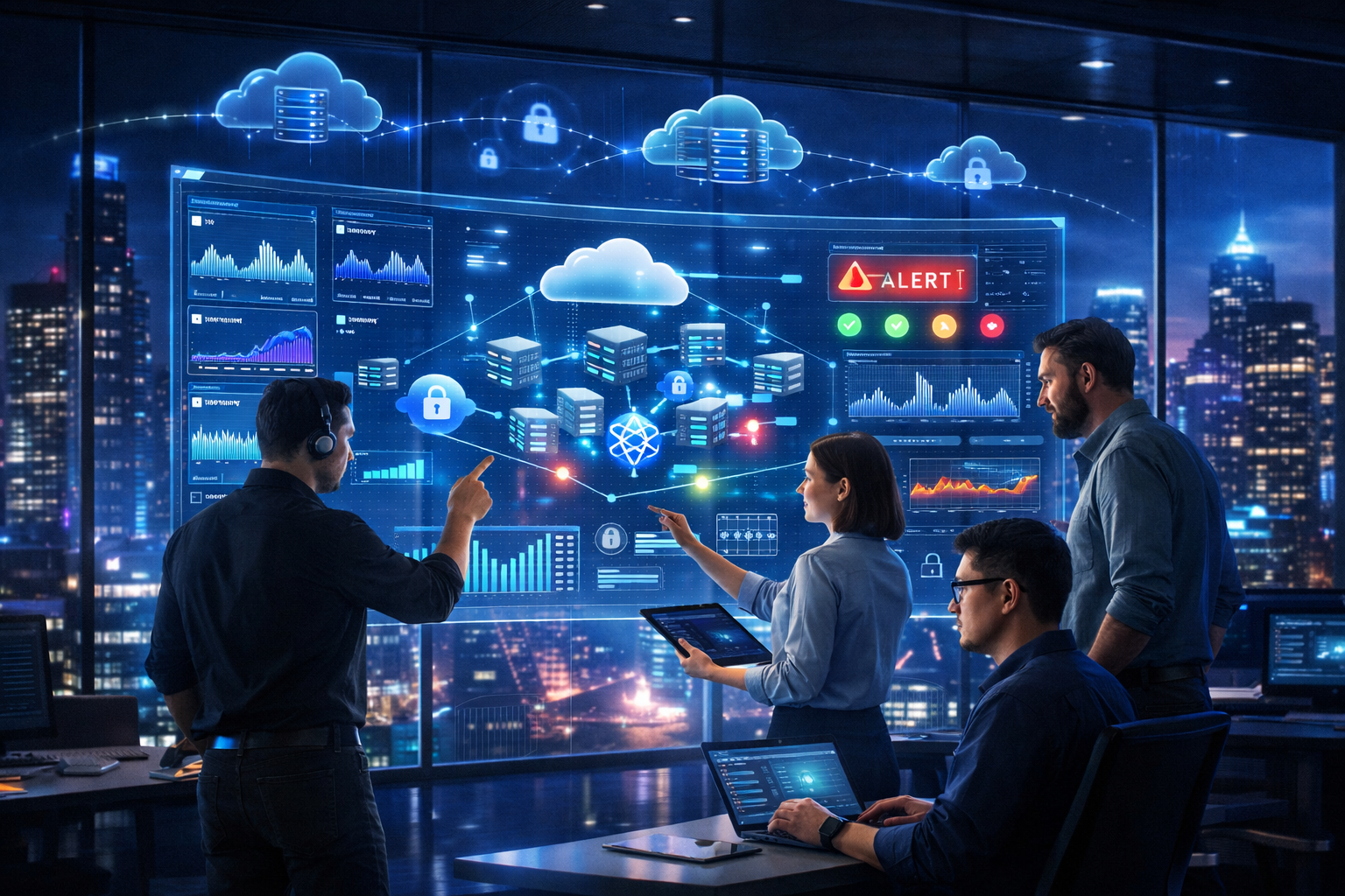 System Monitoring dashboard in a cloud and infrastructure operations center showing real-time metrics, Kubernetes clusters, network traffic, and AI anomaly detection.