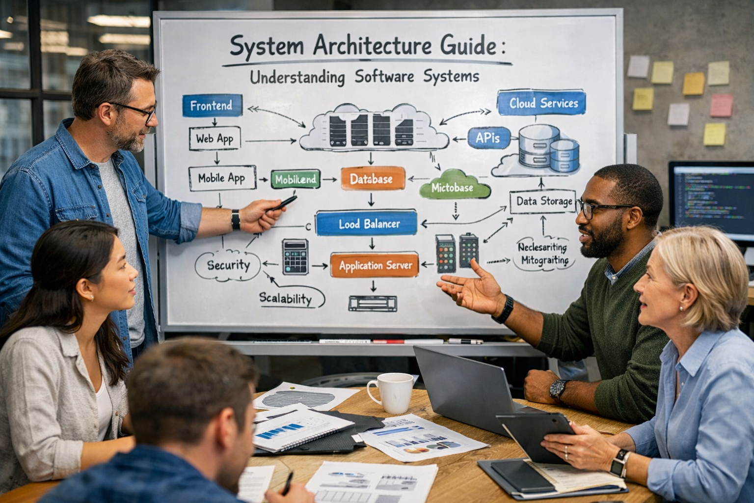 Engineers designing system architecture for modern software systems