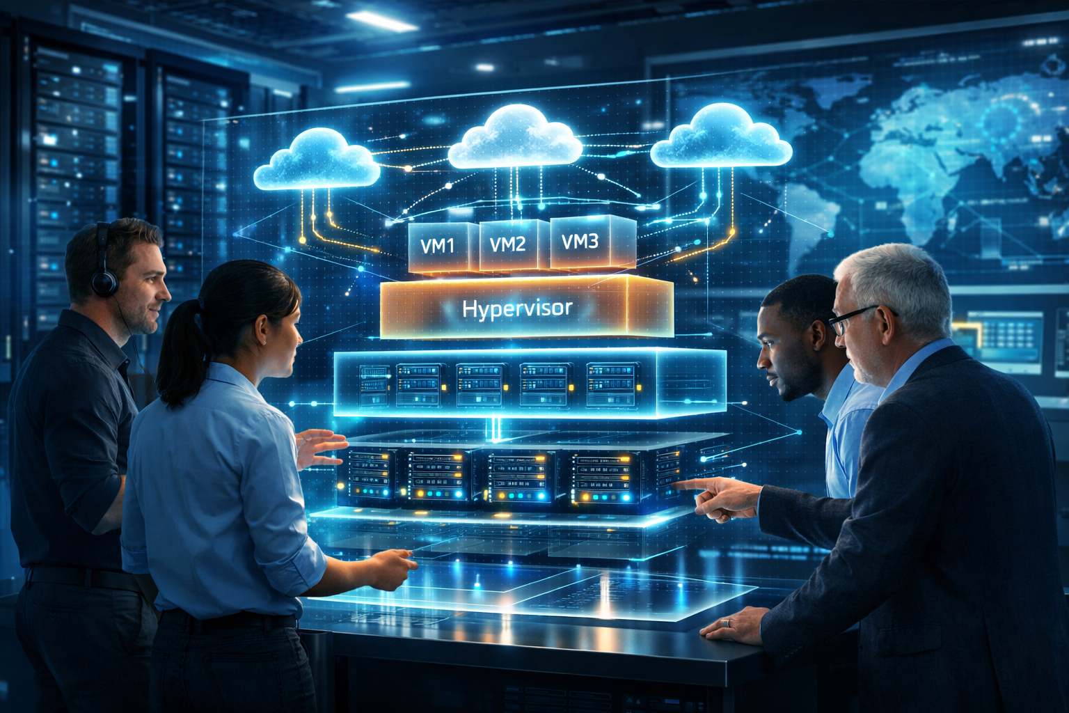 Virtualization architecture diagram showing hypervisor layer, virtual machines, and hybrid cloud infrastructure inside a modern enterprise data center.