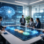 Modern corporate office showing workflow automation dashboard with AI-powered digital workflows, analytics screens, and automated business processes.