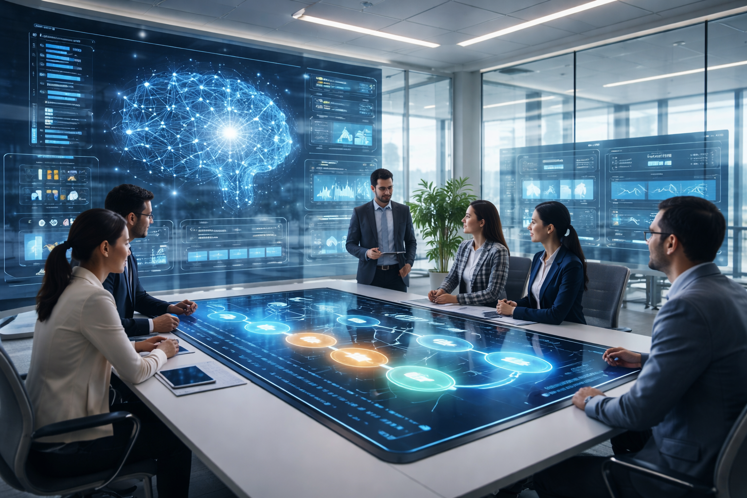 Modern corporate office showing workflow automation dashboard with AI-powered digital workflows, analytics screens, and automated business processes.