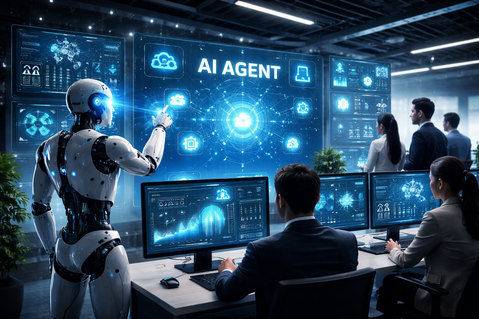 AI agents interacting with professionals in a futuristic office using intelligent automation and real-time data analytics on digital screens