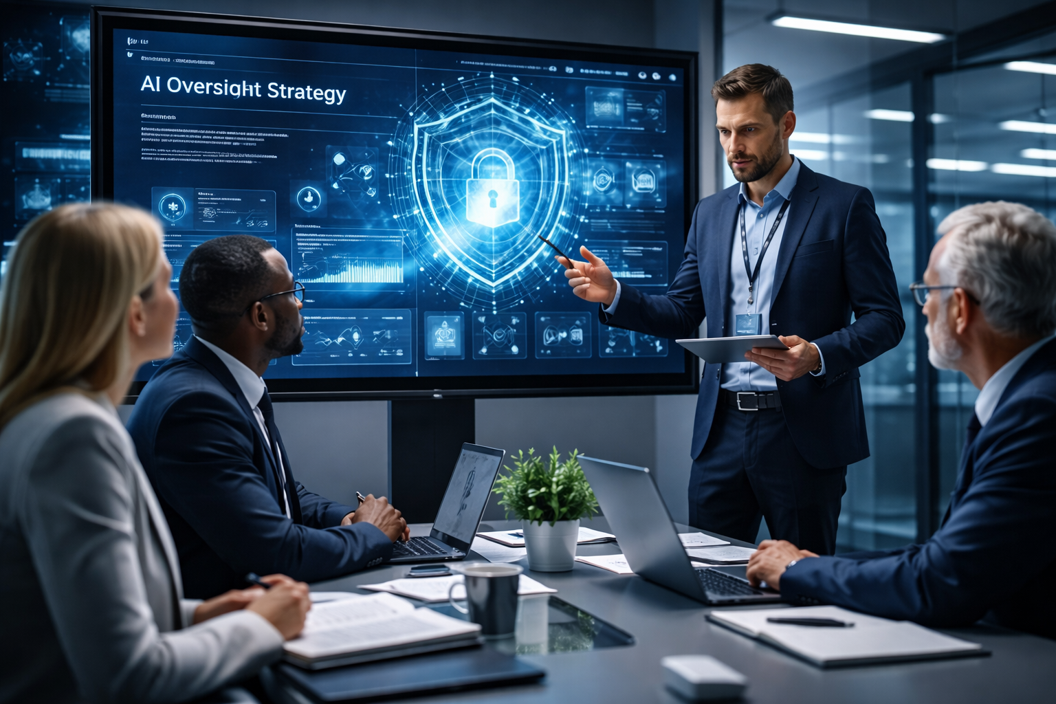 Cybersecurity expert presenting AI contextual governance solution to business team for smarter AI oversight and risk management