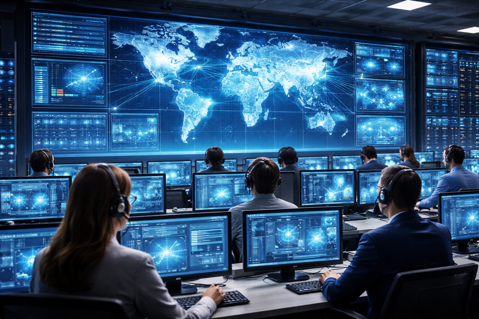 Call center team monitoring global networks using AI governance solutions on large screen with real-time data and security systems