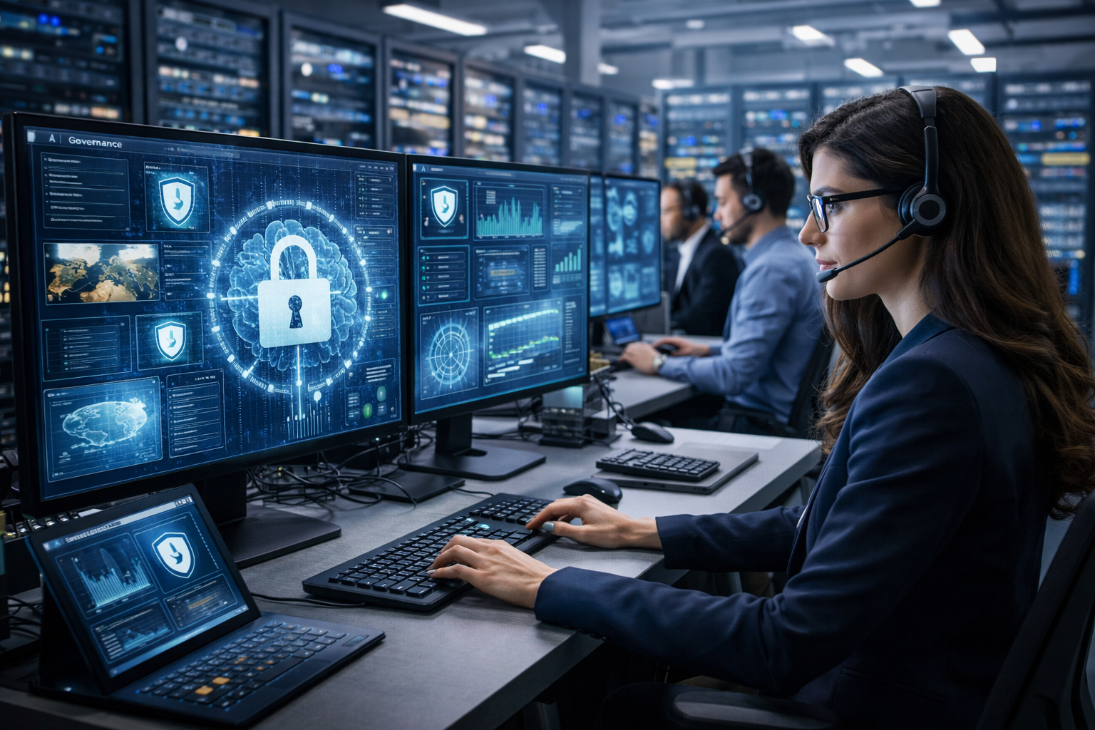 Woman cybersecurity expert using AI governance tools in a server room with team monitoring network systems and data security
