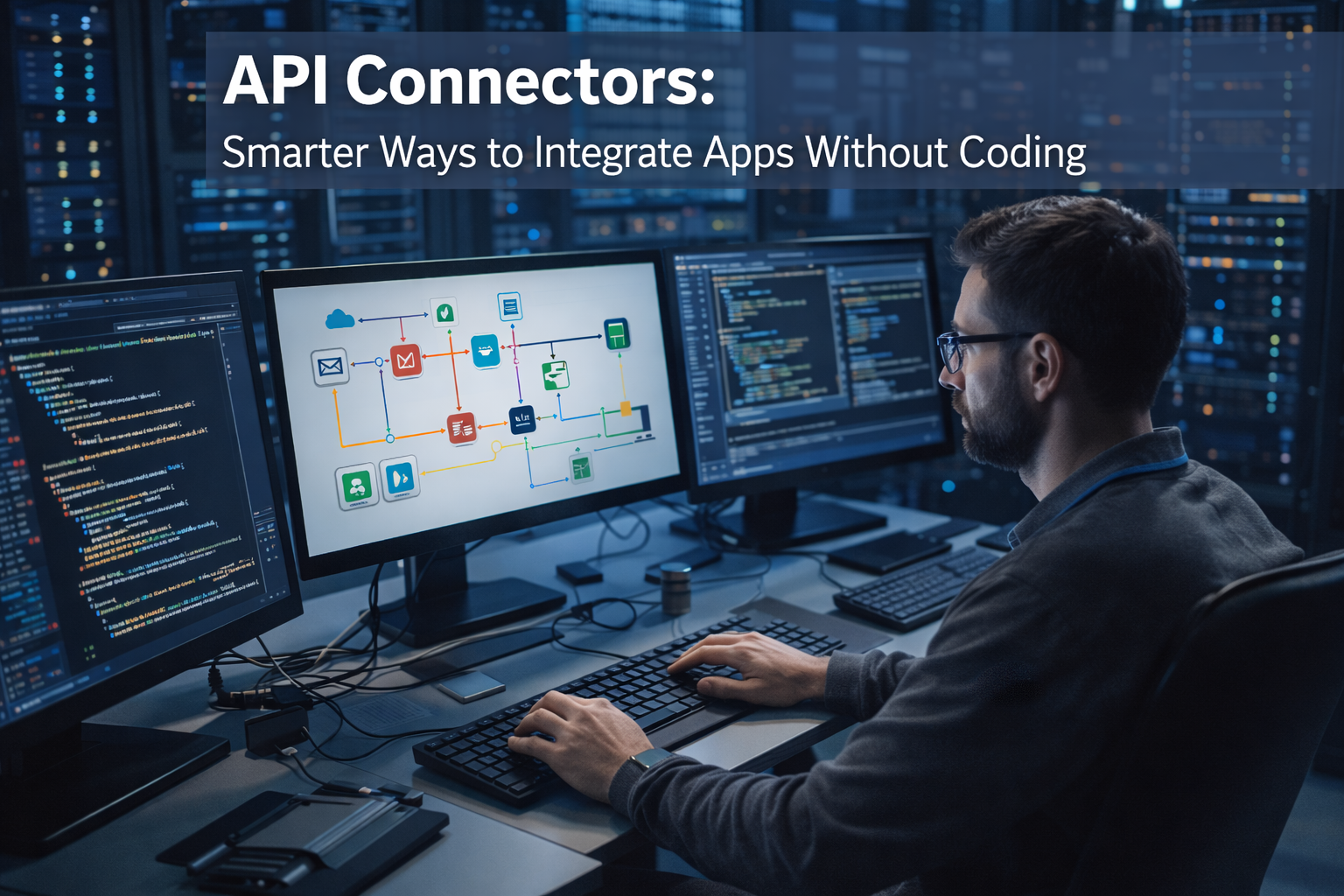IT programmer integrating applications using API connectors in a server room with multiple monitors displaying code and system integrations