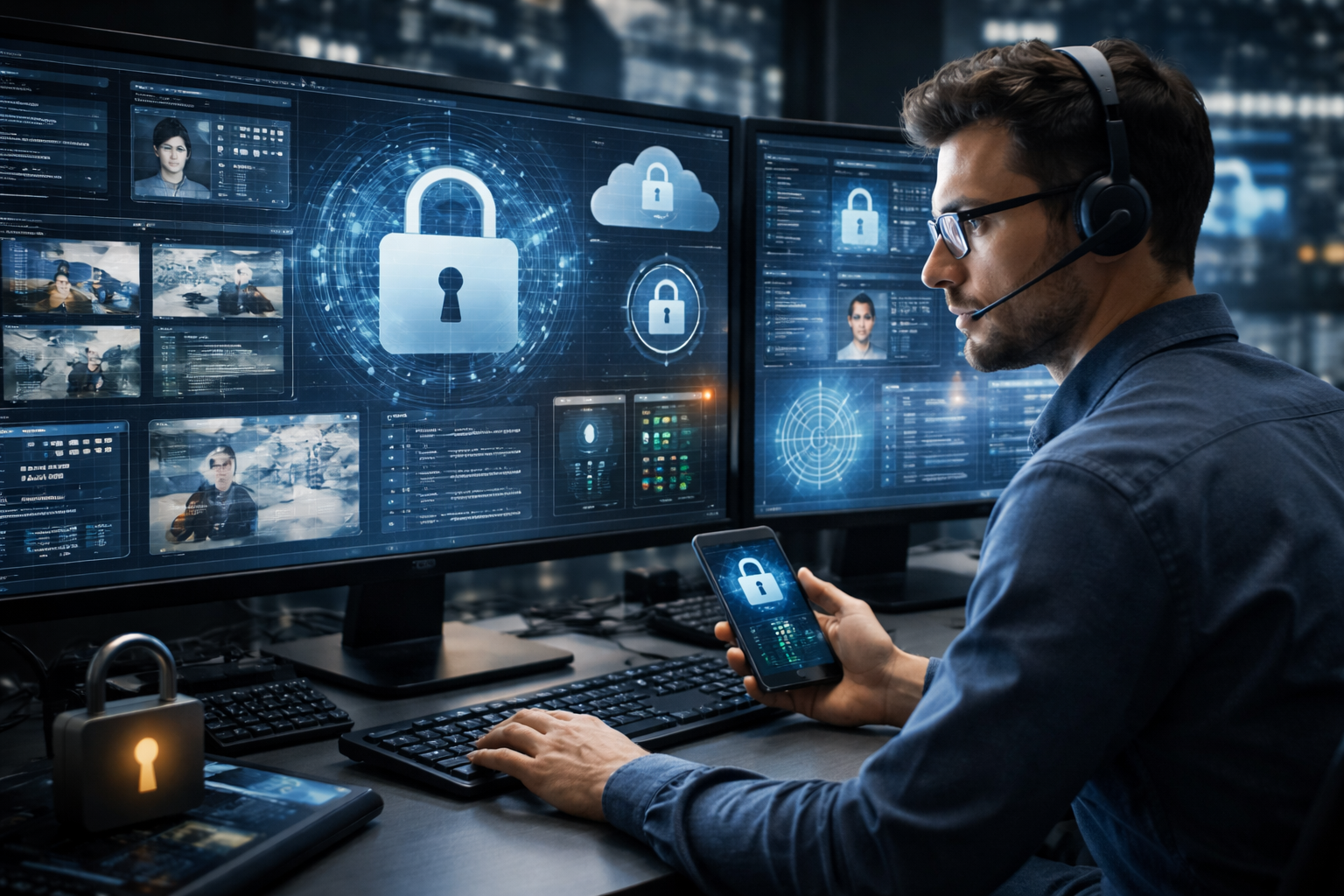 Cybersecurity expert monitoring access access control systems on multiple screens with biometric and security data